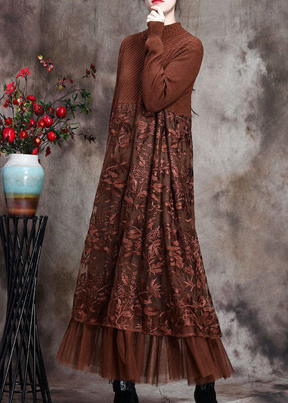 Women's Long Knitted Dress with O-neck and Embroidered Design