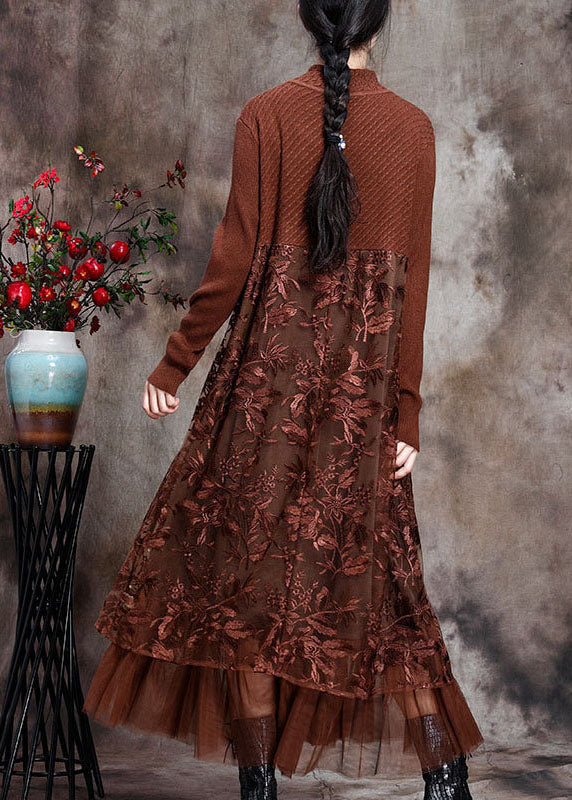 Women's Long Knitted Dress with O-neck and Embroidered Design
