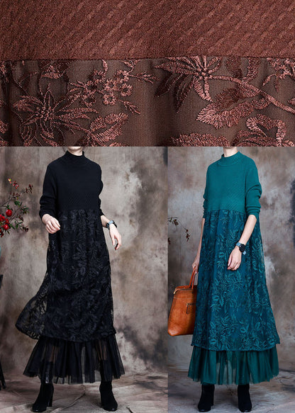 Women's Long Knitted Dress with O-neck and Embroidered Design