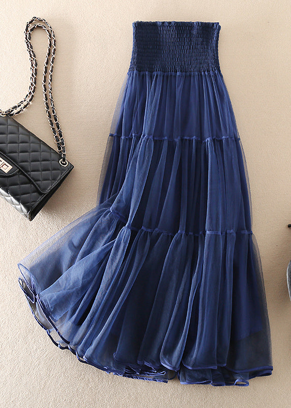 Women's Long Skirt Pleated Tulle French Blue Colour
