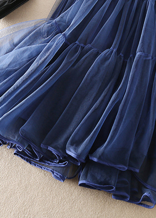Women's Long Skirt Pleated Tulle French Blue Colour