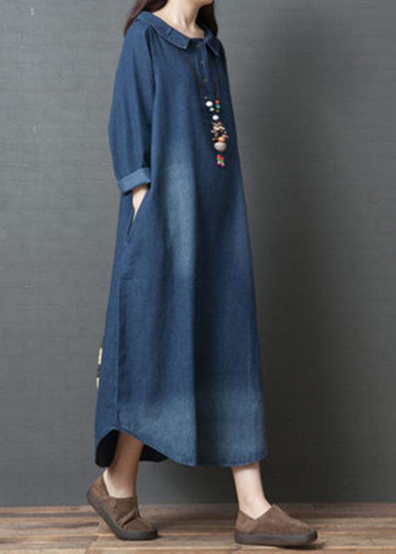 Women's Long Sleeve Denim Dress with PeterPan Collar and Pockets