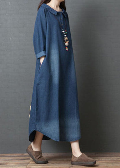 Women's Long Sleeve Denim Dress with PeterPan Collar and Pockets