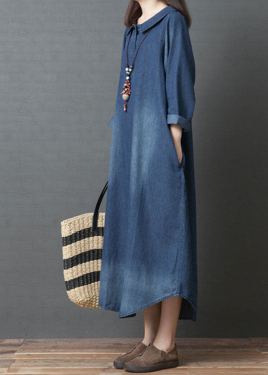 Women's Long Sleeve Denim Dress with PeterPan Collar and Pockets