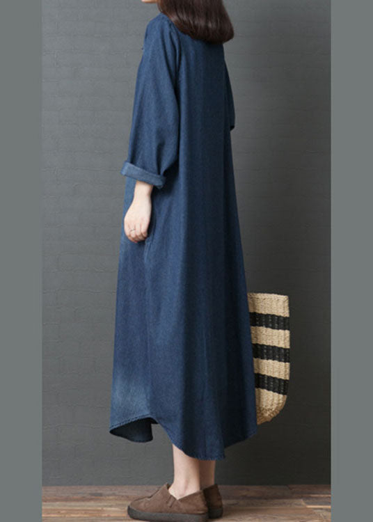 Women's Long Sleeve Denim Dress with PeterPan Collar and Pockets
