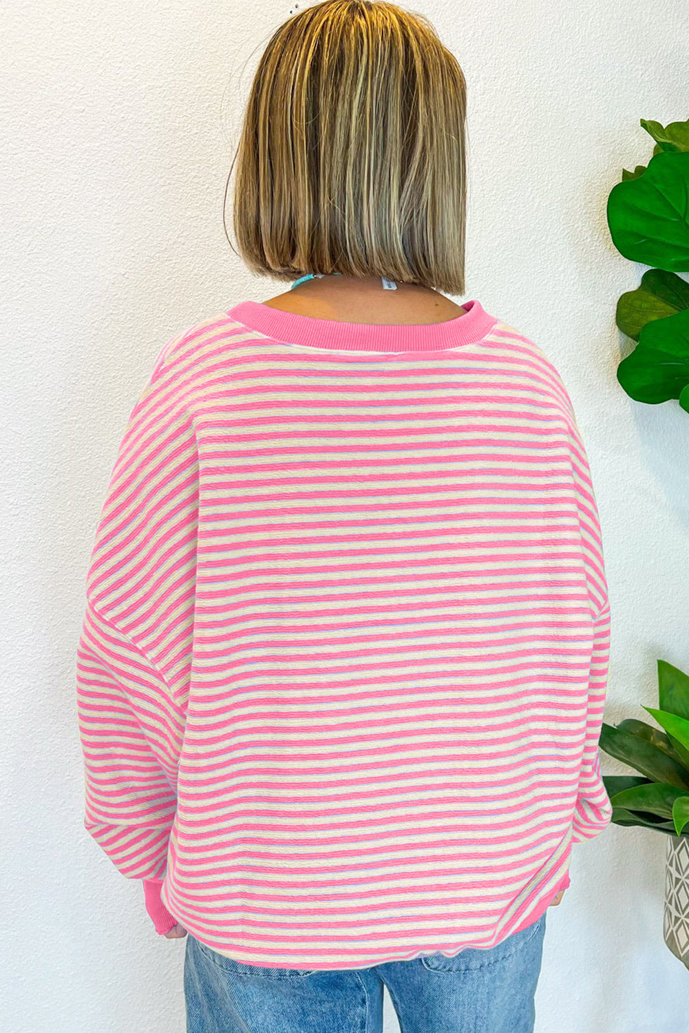 Women's Long Sleeve Top with Santa Claus Print and Pink Stripes