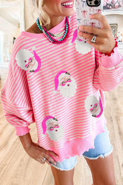 Women's Long Sleeve Top with Santa Claus Print and Pink Stripes