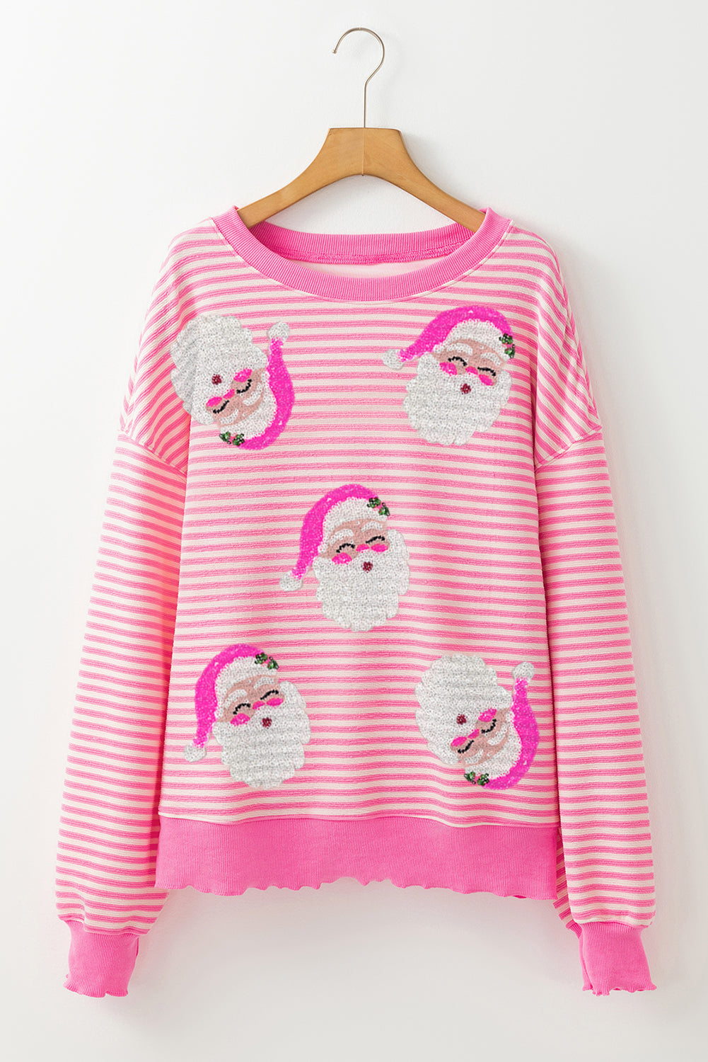 Women's Long Sleeve Top with Santa Claus Print and Pink Stripes