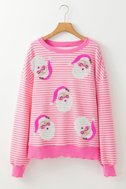 Women's Long Sleeve Top with Santa Claus Print and Pink Stripes