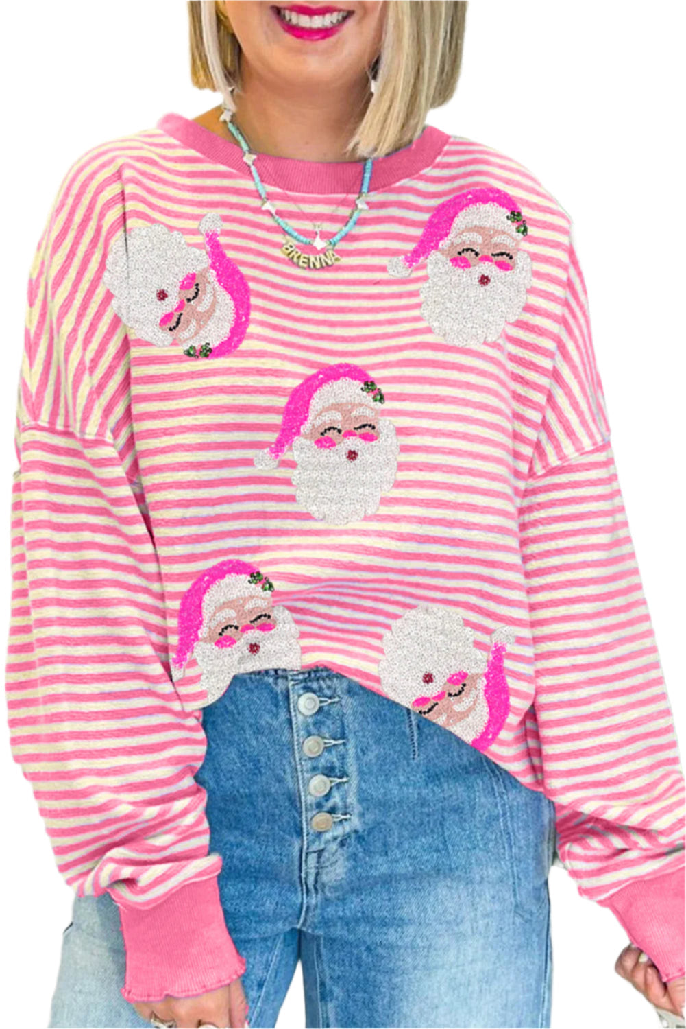 Women's Long Sleeve Top with Santa Claus Print and Pink Stripes