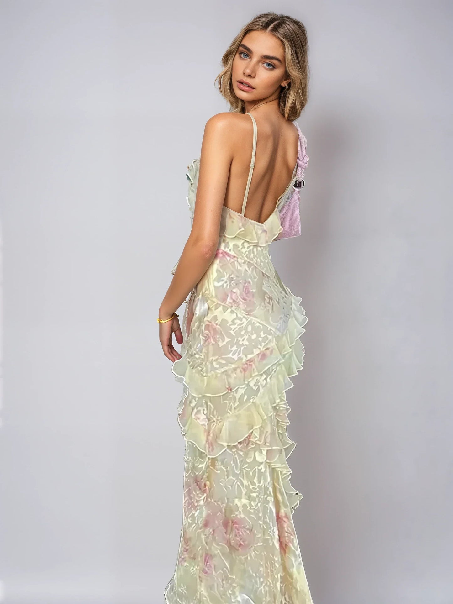 Women's Long Summer Dress Romantic Mesh with Gathered Details