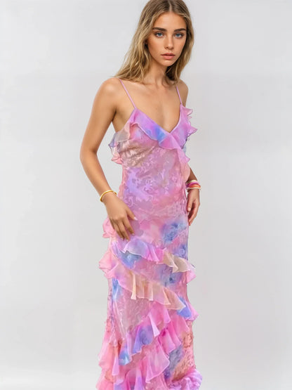 Women's Long Summer Dress Romantic Mesh with Gathered Details