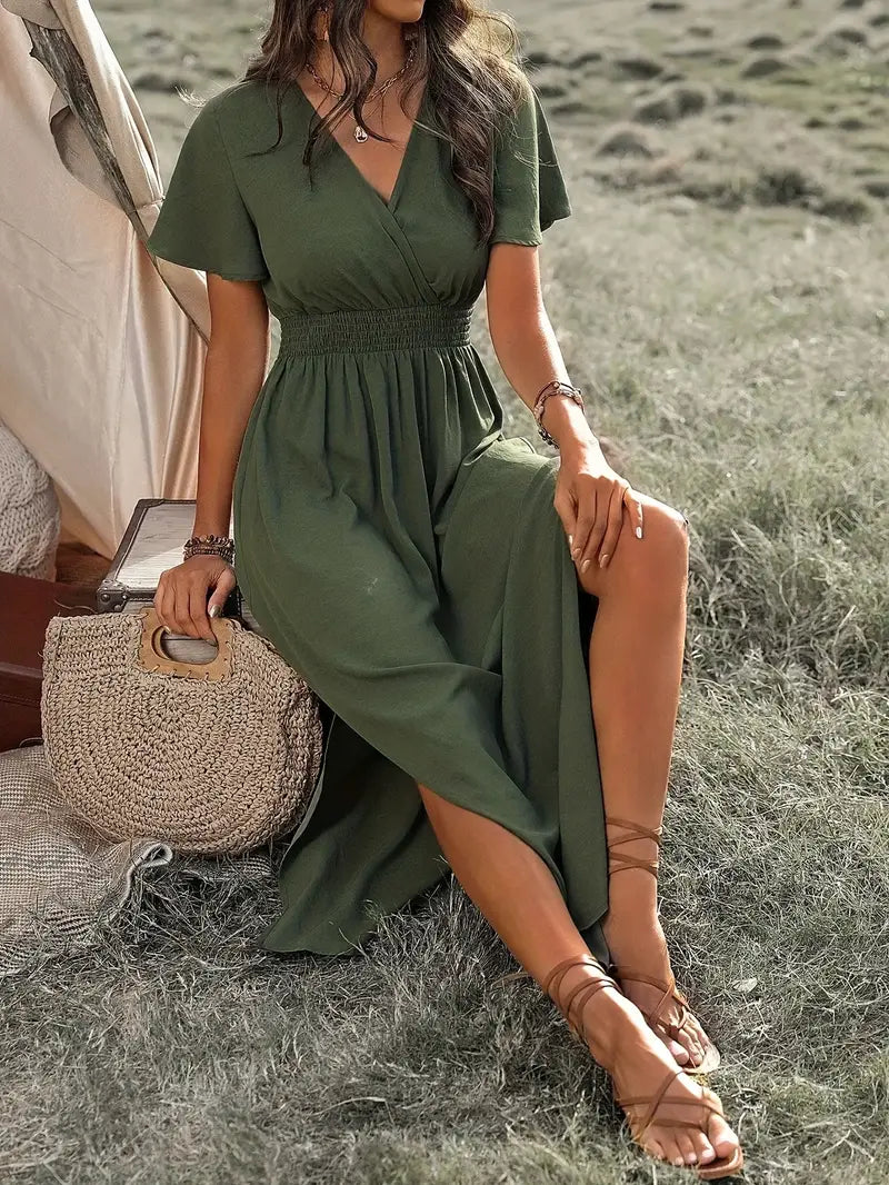 Women's Long Summer Dress V-neck Short Sleeves Light Fabric
