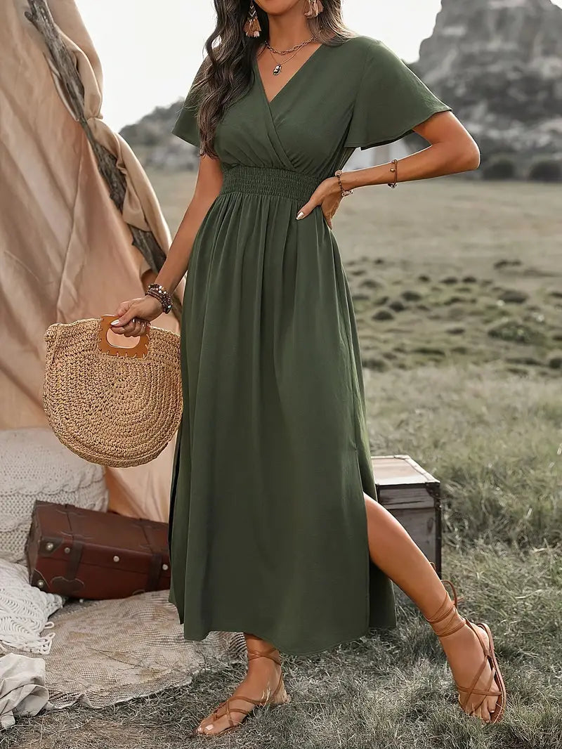 Women's Long Summer Dress V-neck Short Sleeves Light Fabric