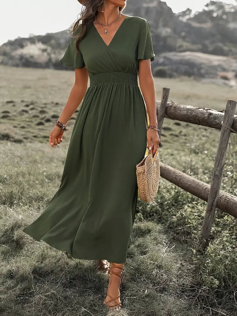 Women's Long Summer Dress V-neck Short Sleeves Light Fabric