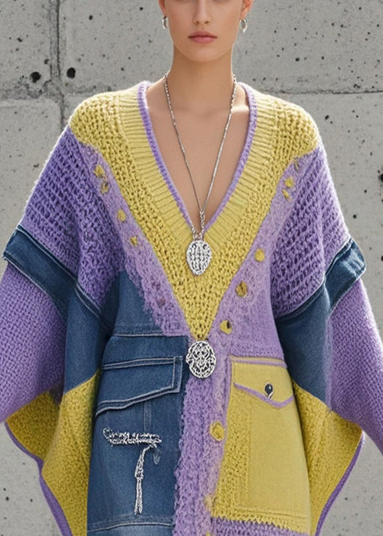 Women's Long Sweater Asymmetric Denim With Batwing Sleeves