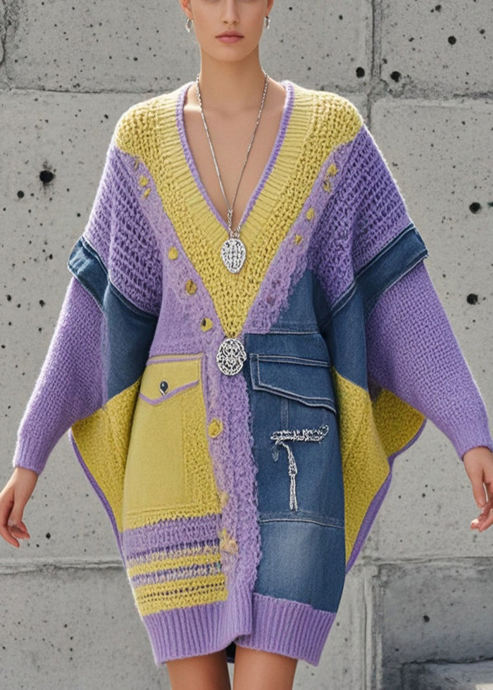 Women's Long Sweater Asymmetric Denim With Batwing Sleeves