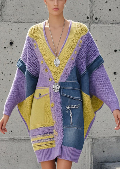 Women's Long Sweater Asymmetric Denim With Batwing Sleeves
