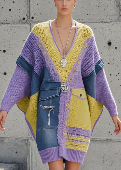 Women's Long Sweater Asymmetric Denim With Batwing Sleeves