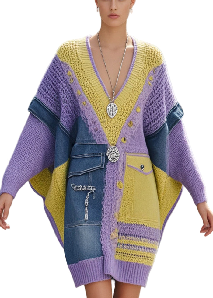 Women's Long Sweater Asymmetric Denim With Batwing Sleeves