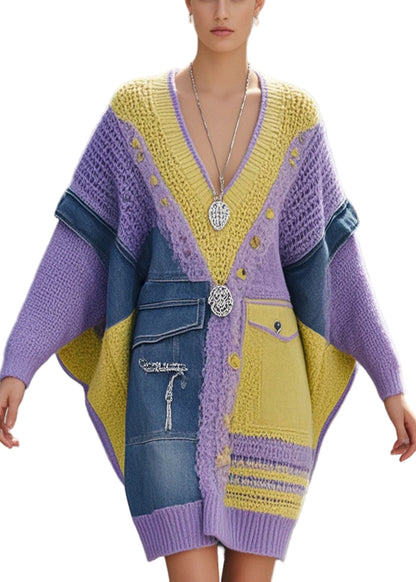 Women's Long Sweater Asymmetric Denim With Batwing Sleeves