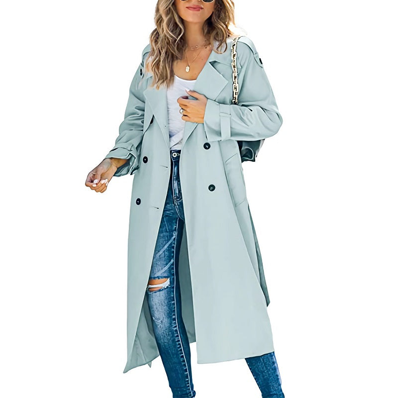 Women's Long Trench Coat With Double Row Of Buttons - Timeless Style For Every Occasion