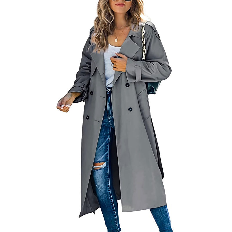 Women's Long Trench Coat With Double Row Of Buttons - Timeless Style For Every Occasion