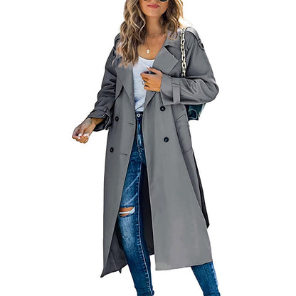 Women's Long Trench Coat With Double Row Of Buttons - Timeless Style For Every Occasion