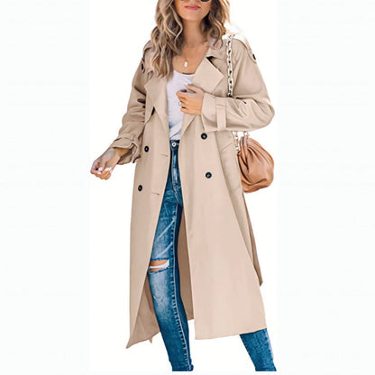 Women's Long Trench Coat With Double Row Of Buttons - Timeless Style For Every Occasion
