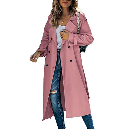Women's Long Trench Coat With Double Row Of Buttons - Timeless Style For Every Occasion