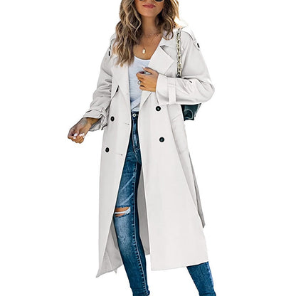 Women's Long Trench Coat With Double Row Of Buttons - Timeless Style For Every Occasion