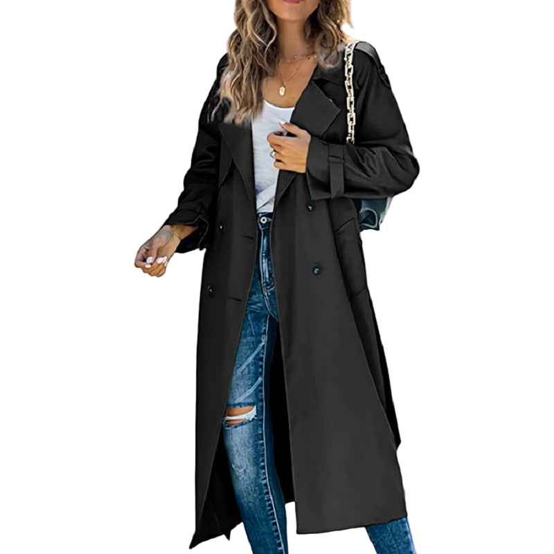 Women's Long Trench Coat With Double Row Of Buttons - Timeless Style For Every Occasion