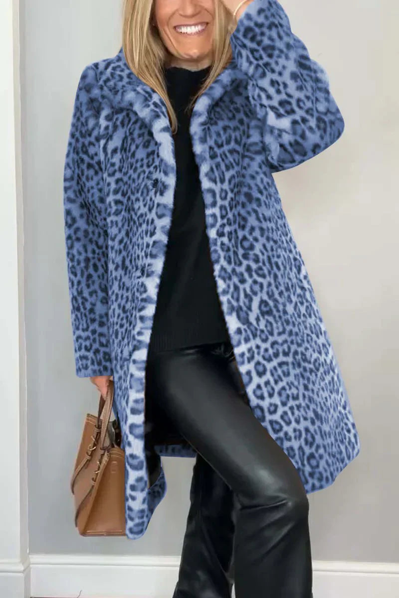 Women's Long Winter Coat with Leopard Print and Flattering Fit