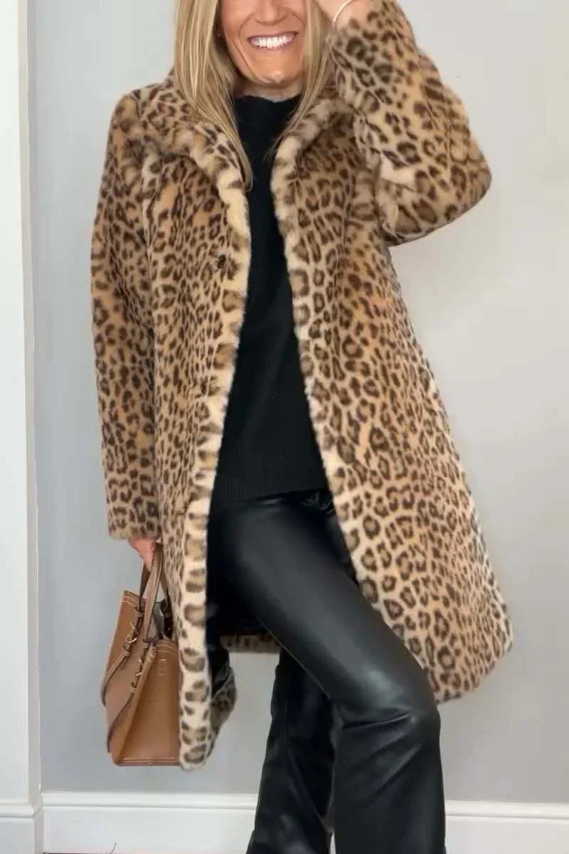 Women's Long Winter Coat with Leopard Print and Flattering Fit