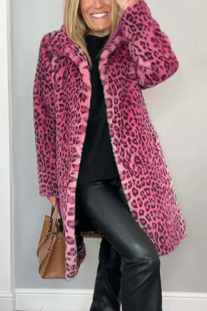 Women's Long Winter Coat with Leopard Print and Flattering Fit