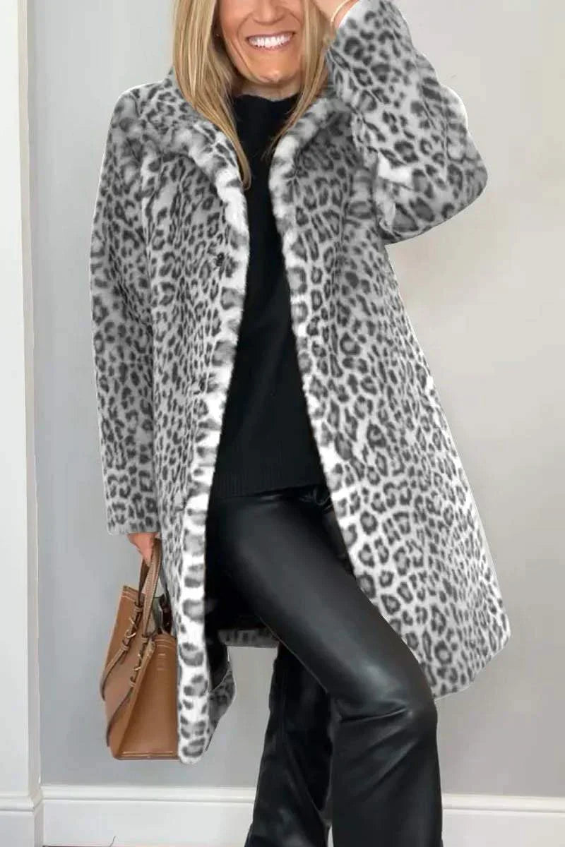 Women's Long Winter Coat with Leopard Print and Flattering Fit
