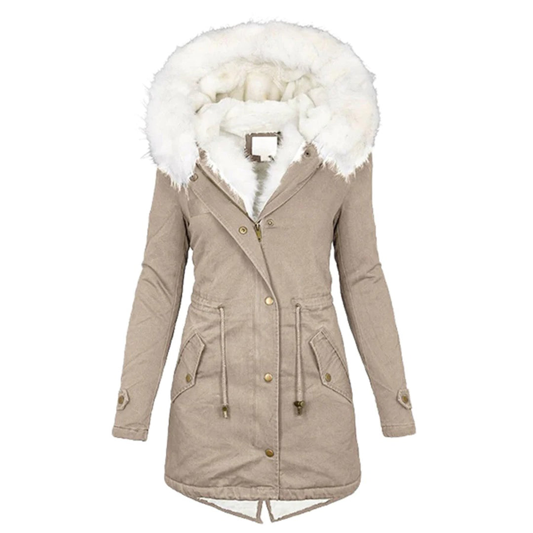 Women's Long Winter Jacket Quilted With Hood And Fur Collar