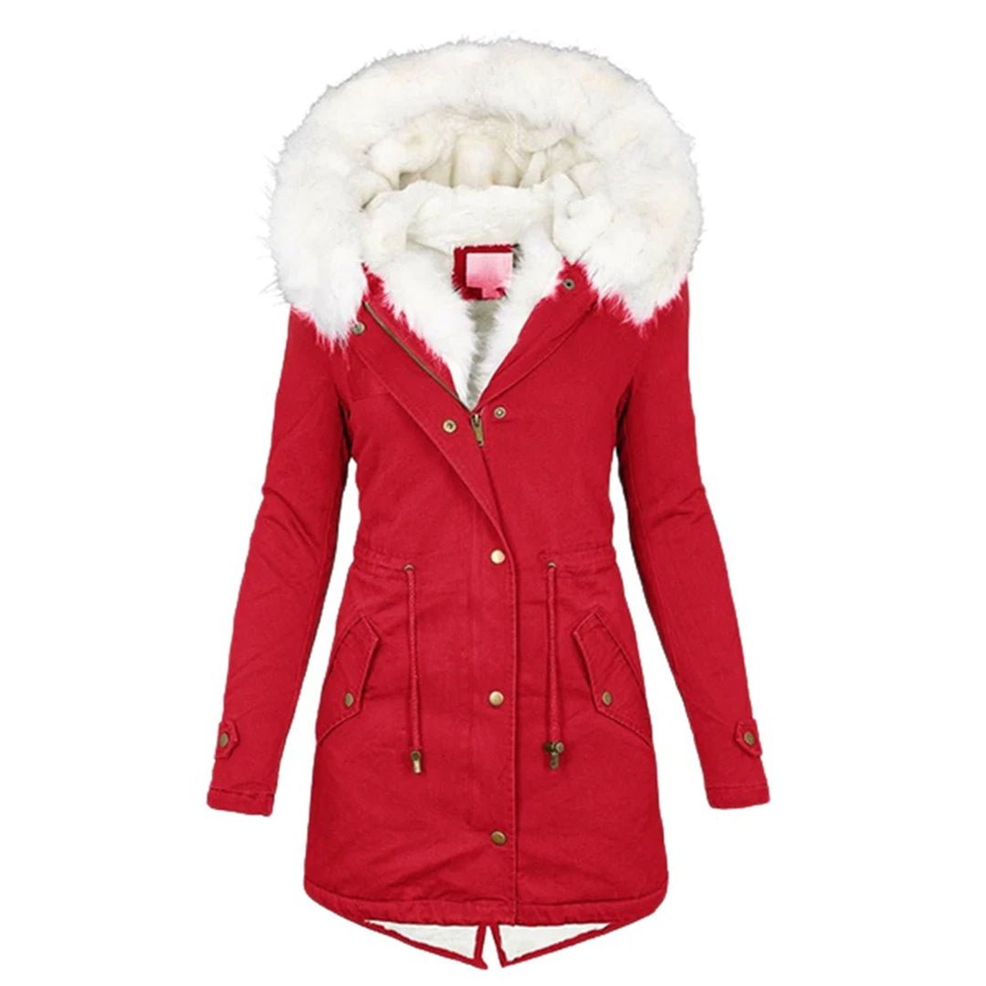 Women's Long Winter Jacket Quilted With Hood And Fur Collar