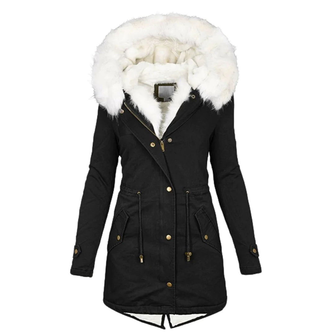 Women's Long Winter Jacket Quilted With Hood And Fur Collar
