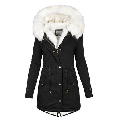 Women's Long Winter Jacket Quilted With Hood And Fur Collar