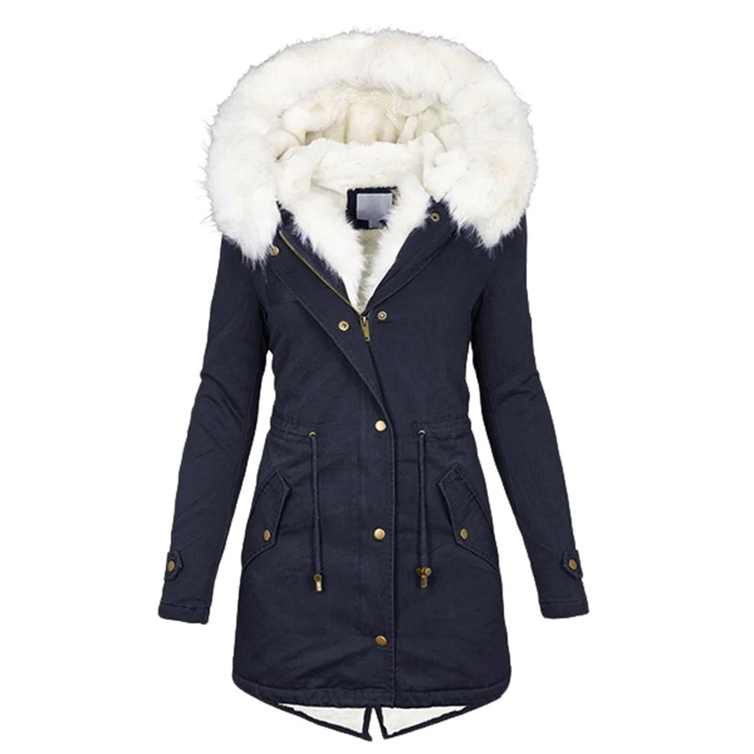 Women's Long Winter Jacket Quilted With Hood And Fur Collar