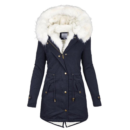 Women's Long Winter Jacket Quilted With Hood And Fur Collar