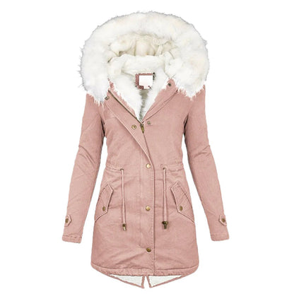Women's Long Winter Jacket Quilted With Hood And Fur Collar