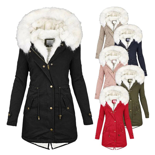 Women's Long Winter Jacket Quilted With Hood And Fur Collar