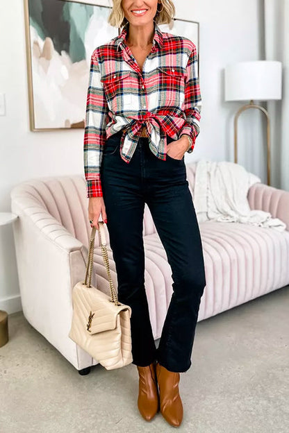 Women's Long-sleeved Checkered Blouse Shirt
