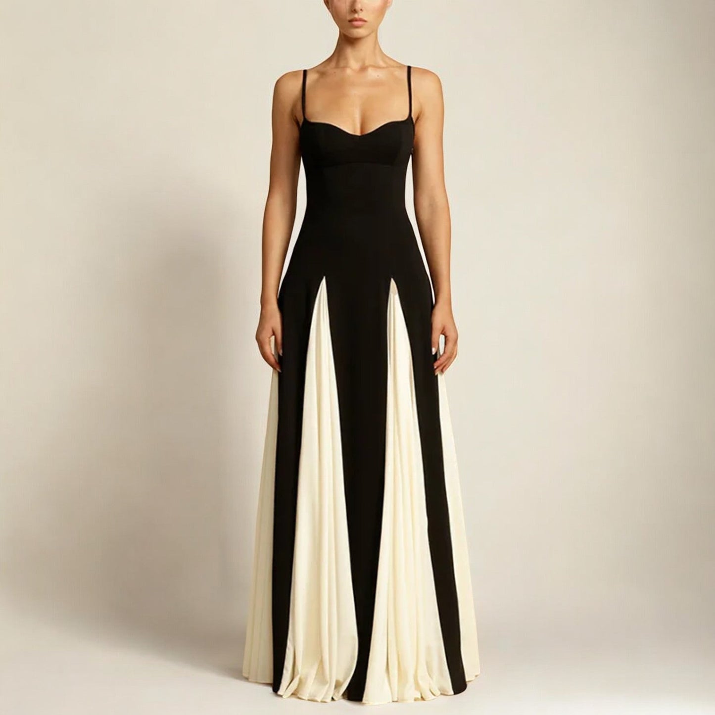 Women's Maxi Dress Elegant Long Black and White Flowing Fabric