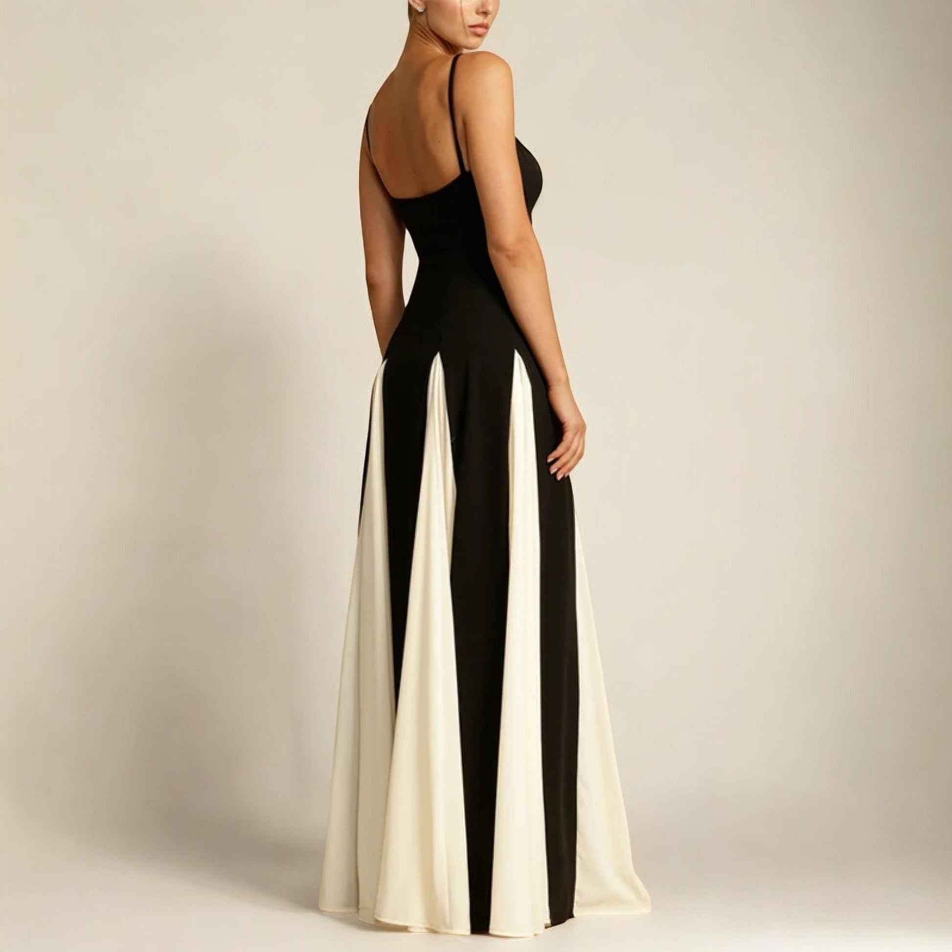 Women's Maxi Dress Elegant Long Black and White Flowing Fabric