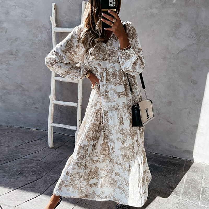 Women's Maxi Dress Long Sleeves V-Neck Cotton Ruffle Details