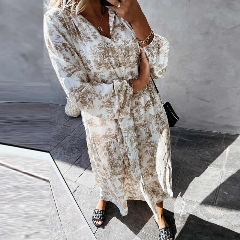 Women's Maxi Dress Long Sleeves V-Neck Cotton Ruffle Details