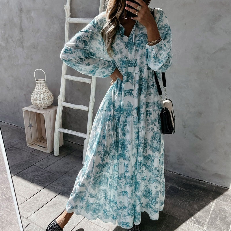 Women's Maxi Dress Long Sleeves V-Neck Cotton Ruffle Details